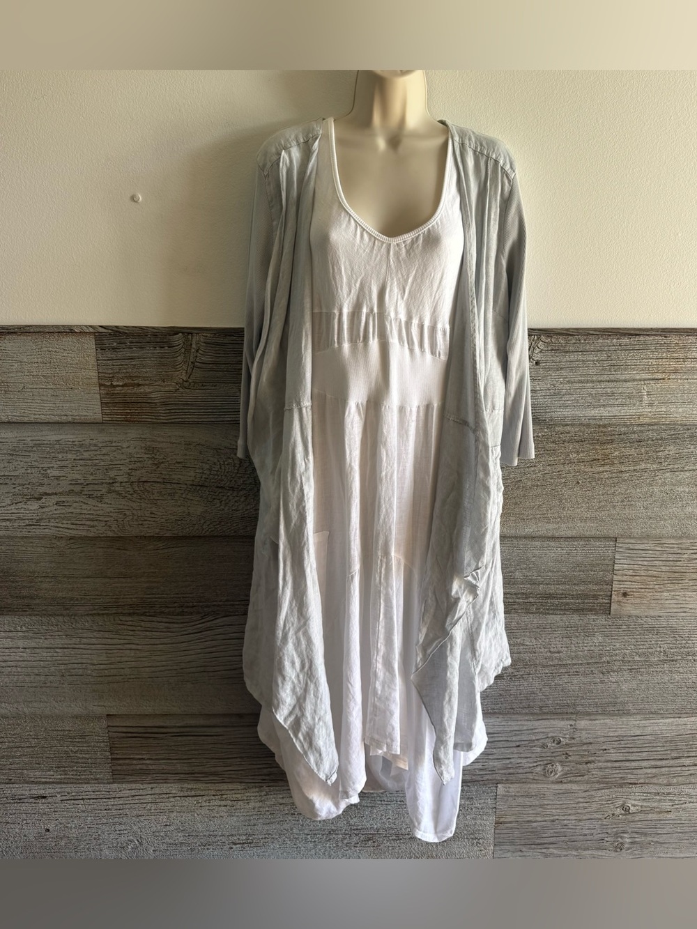 Inizio Italy XL White Linen Lagenlook Maxi Dress Gray Duster 2 Piece Set